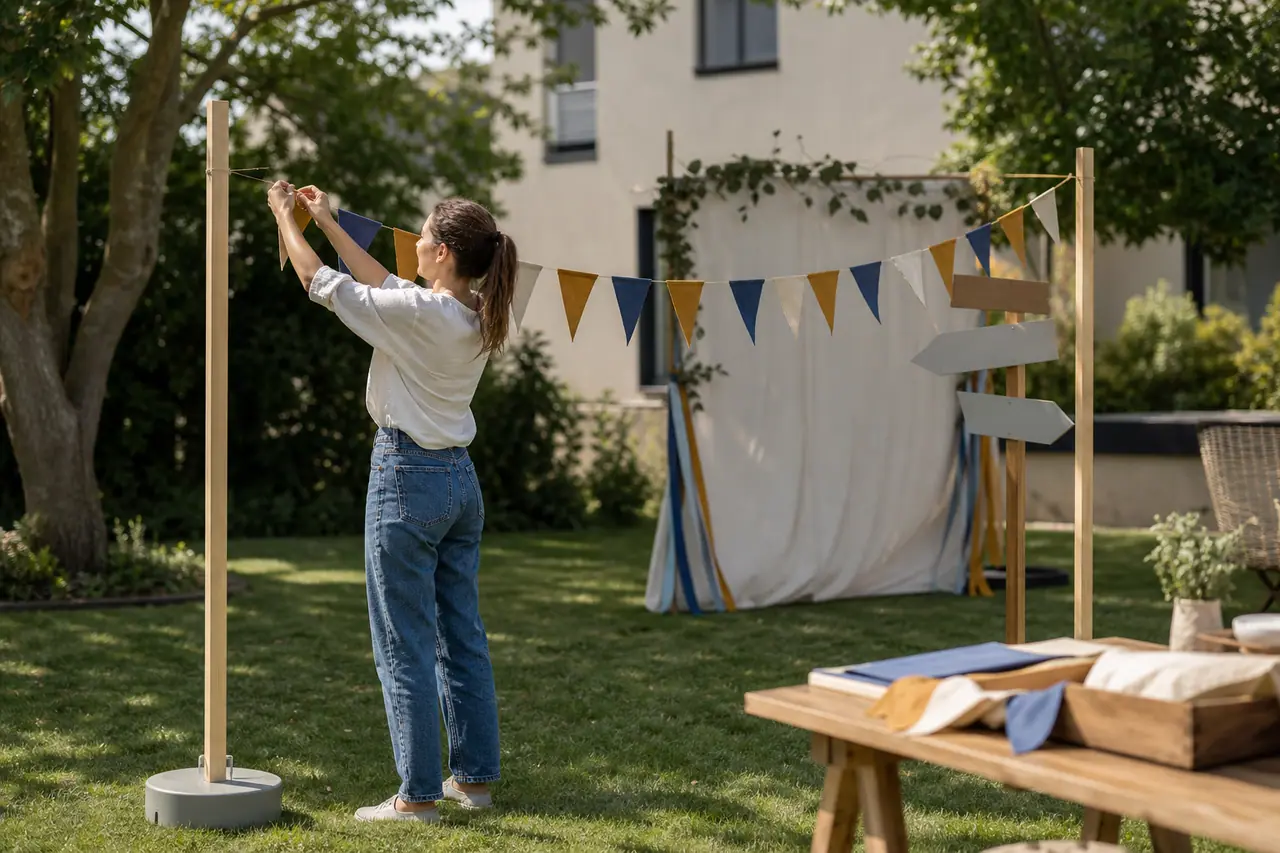 Fanions textiles et panneaux installés dans un jardin pour une fête extérieure