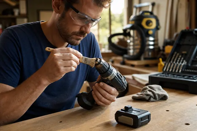 Bricoleur nettoyant le mandrin d’une perceuse-visseuse sur un établi.