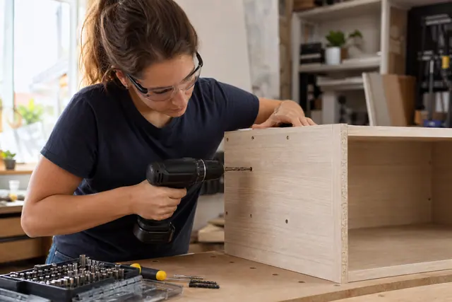 Bricoleuse utilisant une visseuse compacte pour assembler un meuble en bois.