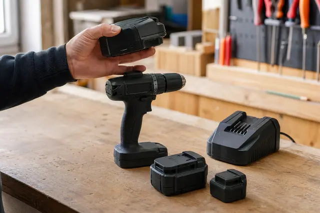 Batteries d’outillage sans fil comparées sur un établi avec une perceuse-visseuse.