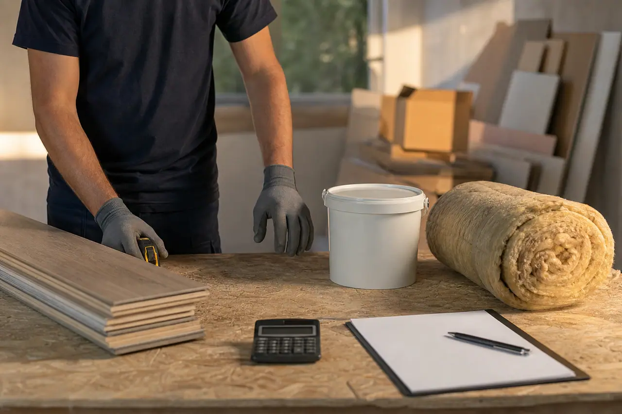 Particulier comparant des matériaux de rénovation et leurs conditionnements sur un établi.