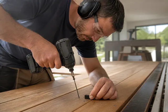 Bricoleur vissant une lame de terrasse avec une visseuse à choc.