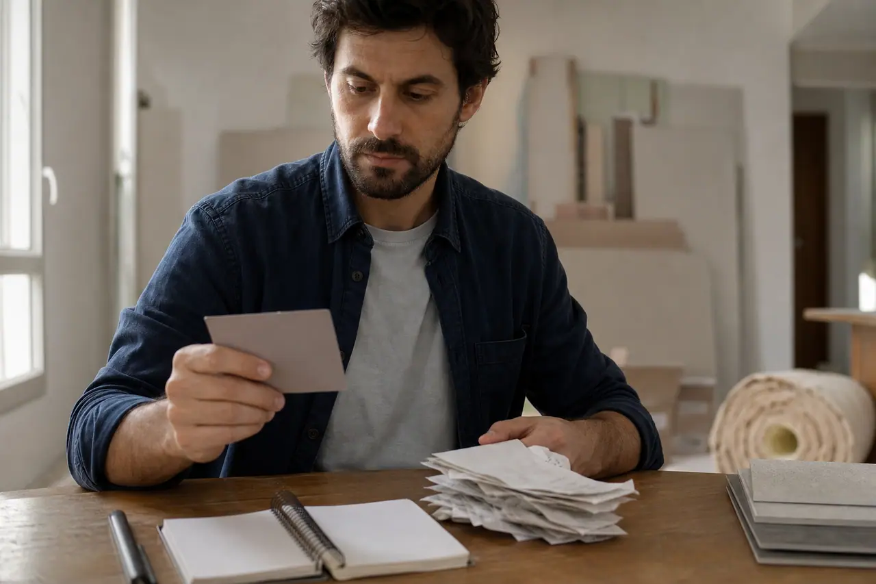 Particulier vérifiant une carte cadeau parmi des matériaux de rénovation.