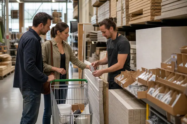 Clients comparant des matériaux dans une allée de magasin de bricolage.