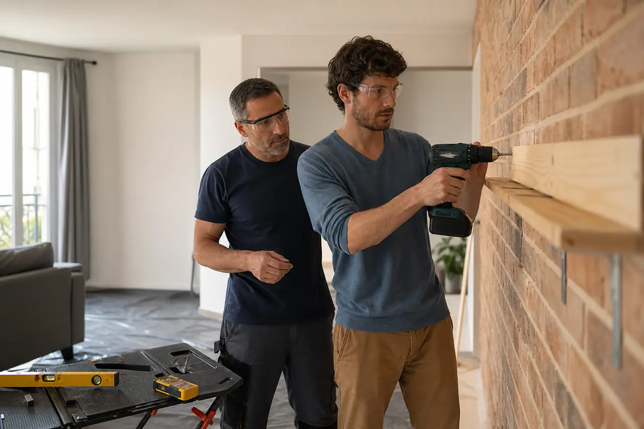 Coach guidant un particulier pour fixer une étagère sur un mur en brique.