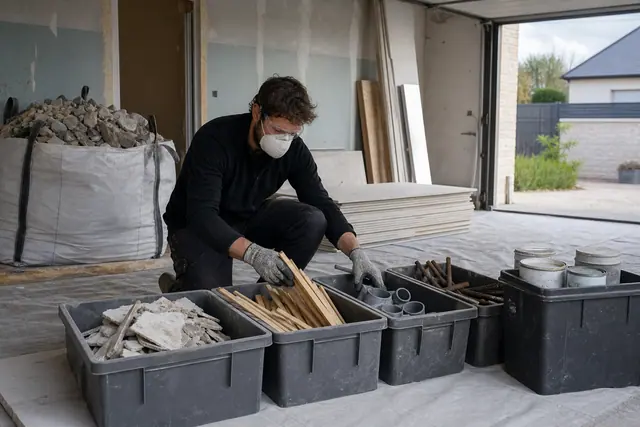 Particulier équipé triant gravats, plâtre, bois et peinture dans des bacs séparés.
