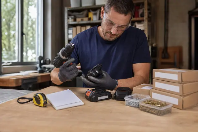 Bricoleur comparant une perceuse, ses batteries et des fournitures sur un établi.
