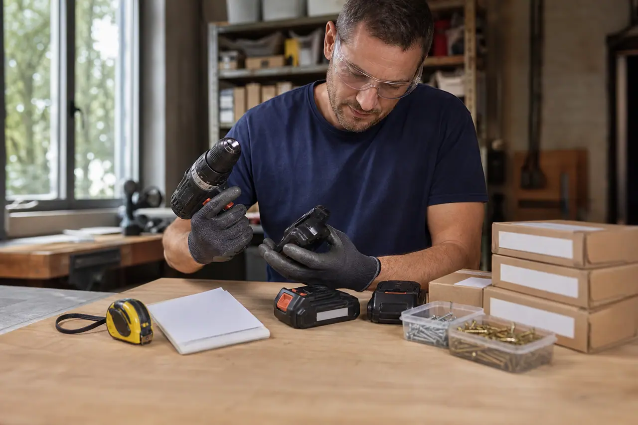 Bricoleur comparant une perceuse, ses batteries et des fournitures sur un établi.