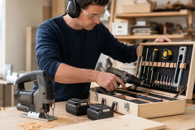 Outils de bricolage rangés sur un établi avec visseuse et accessoires.