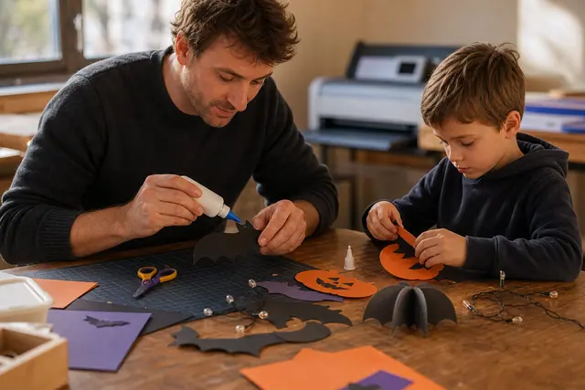 Adulte et enfant assemblant des silhouettes d’Halloween en carton dans un atelier