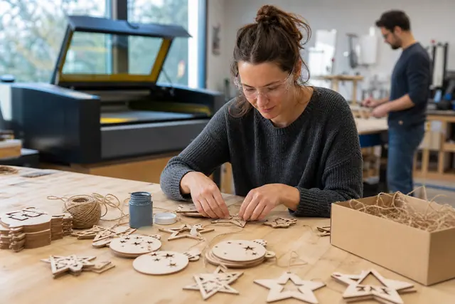Décorations de Noël en contreplaqué personnalisées lors d’un atelier numérique encadré
