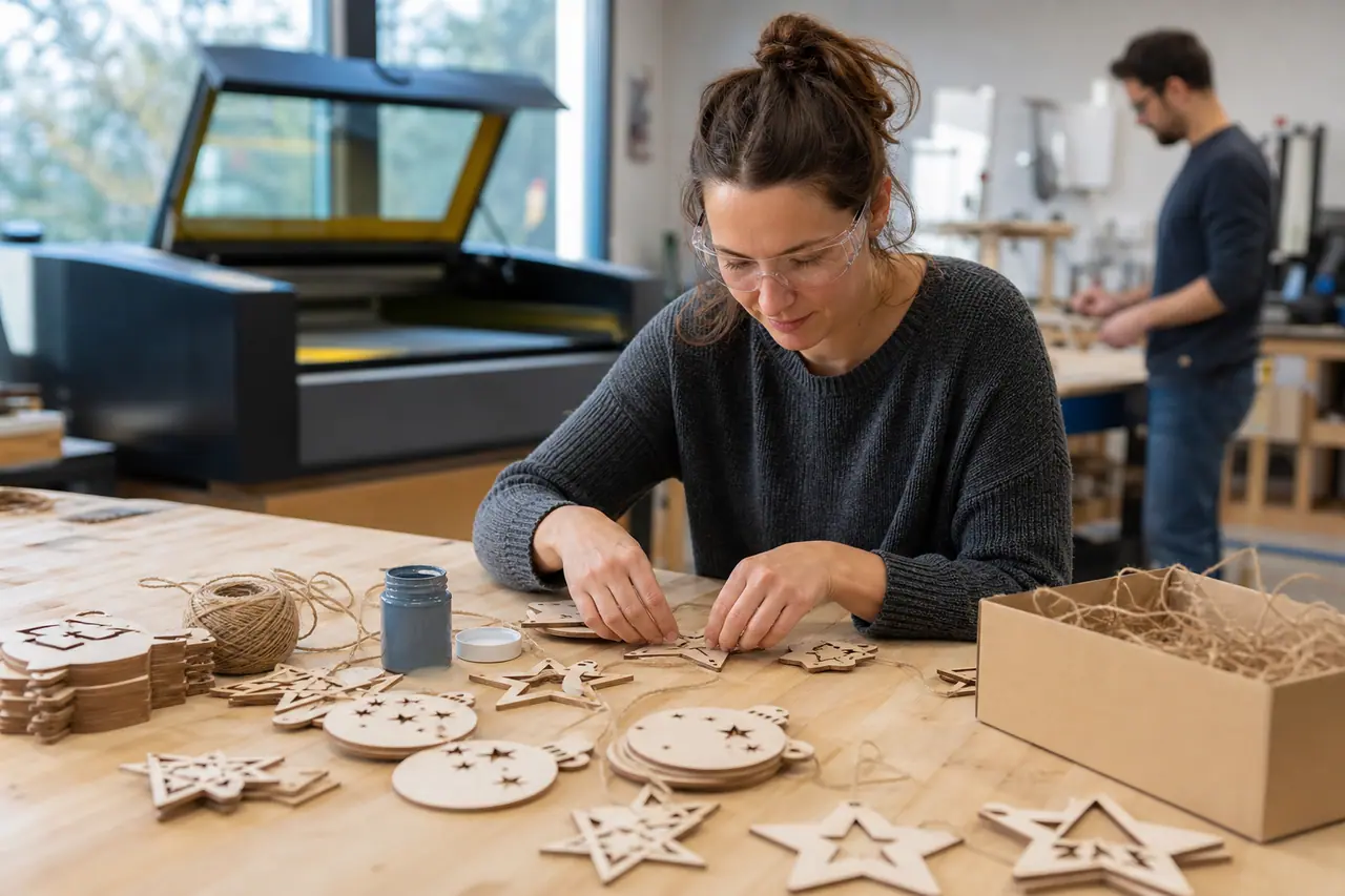 Décorations de Noël en contreplaqué personnalisées lors d’un atelier numérique encadré