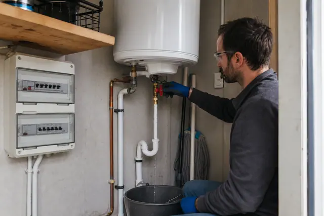 Particulier équipé ouvrant le groupe de sécurité sous un ballon électrique