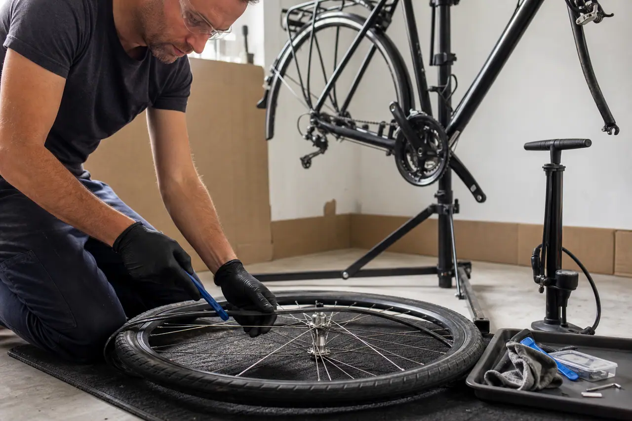 Réparation d’une roue de vélo sur un poste de travail protégé à domicile