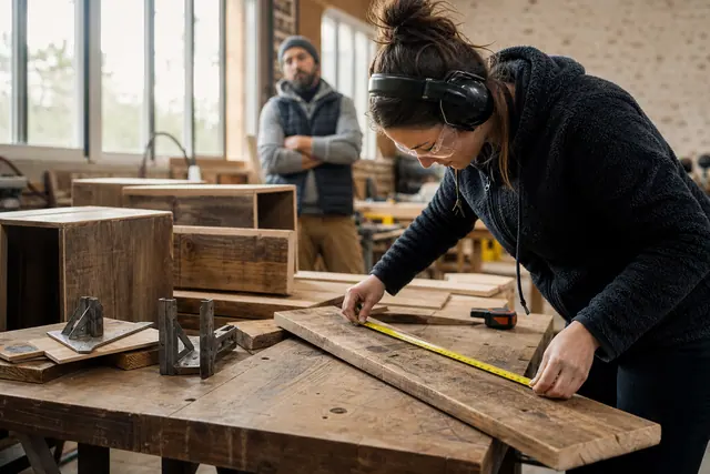 Débutante équipée mesurant une planche récupérée dans un atelier partagé.