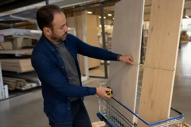 Client comparant des panneaux et matériaux dans une allée de bricolage.