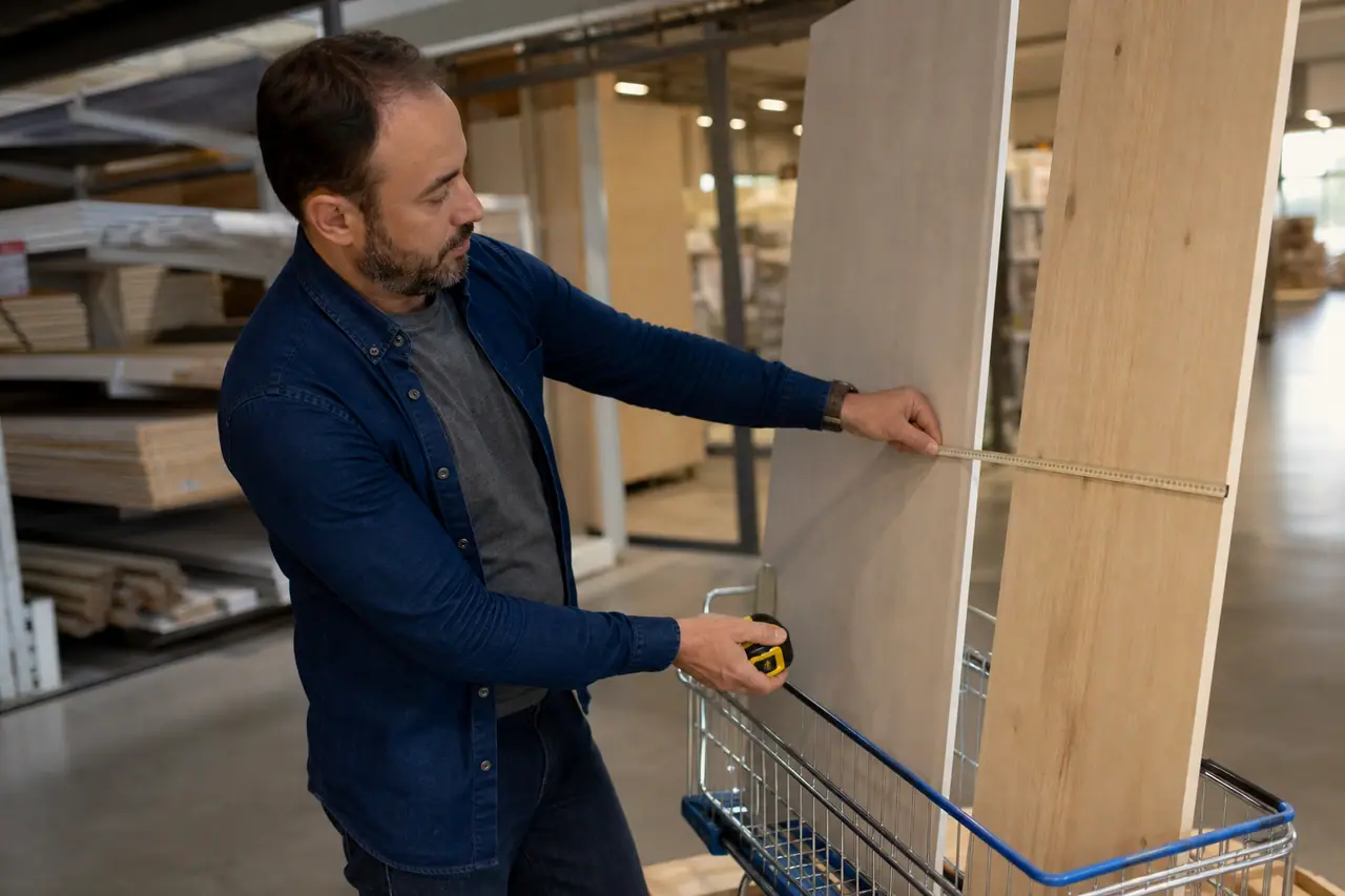 Client comparant des panneaux et matériaux dans une allée de bricolage.