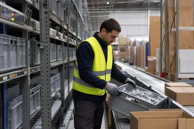 Préparateur contrôle des colis de bricolage dans un entrepôt automatisé.