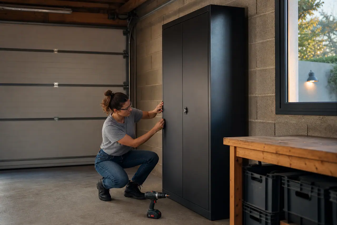 Armoire métallique fixée dans un garage pour protéger des outils rangés.