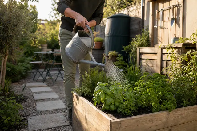 Petit jardin aménagé avec bac aromatique, bordures, pas japonais et coin repas.