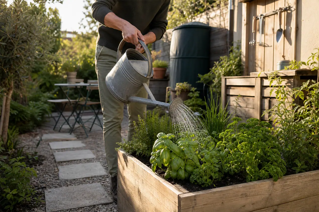 Petit jardin aménagé avec bac aromatique, bordures, pas japonais et coin repas.