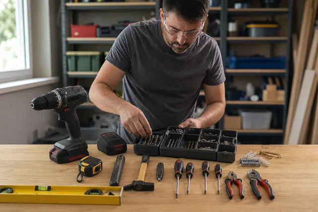 Établi organisé avec perceuse, outils à main, forets et batteries