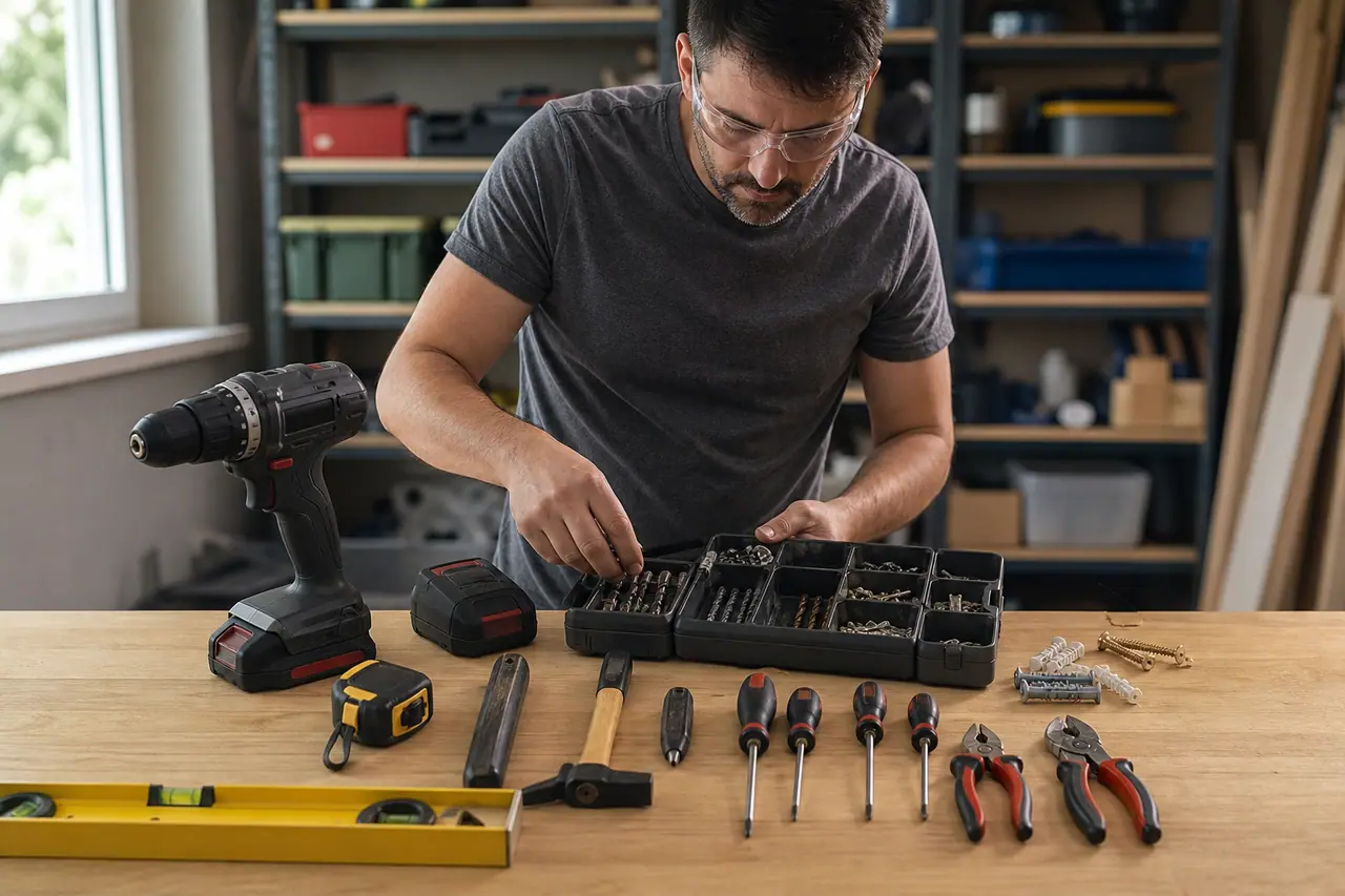 Établi organisé avec perceuse, outils à main, forets et batteries