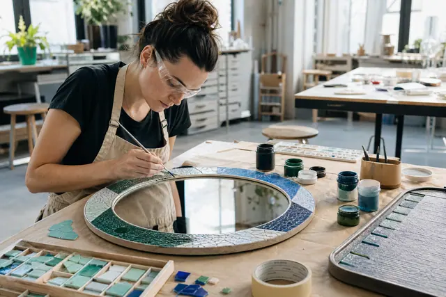 Création d’un miroir décoratif dans un atelier créatif lumineux à Montréal.