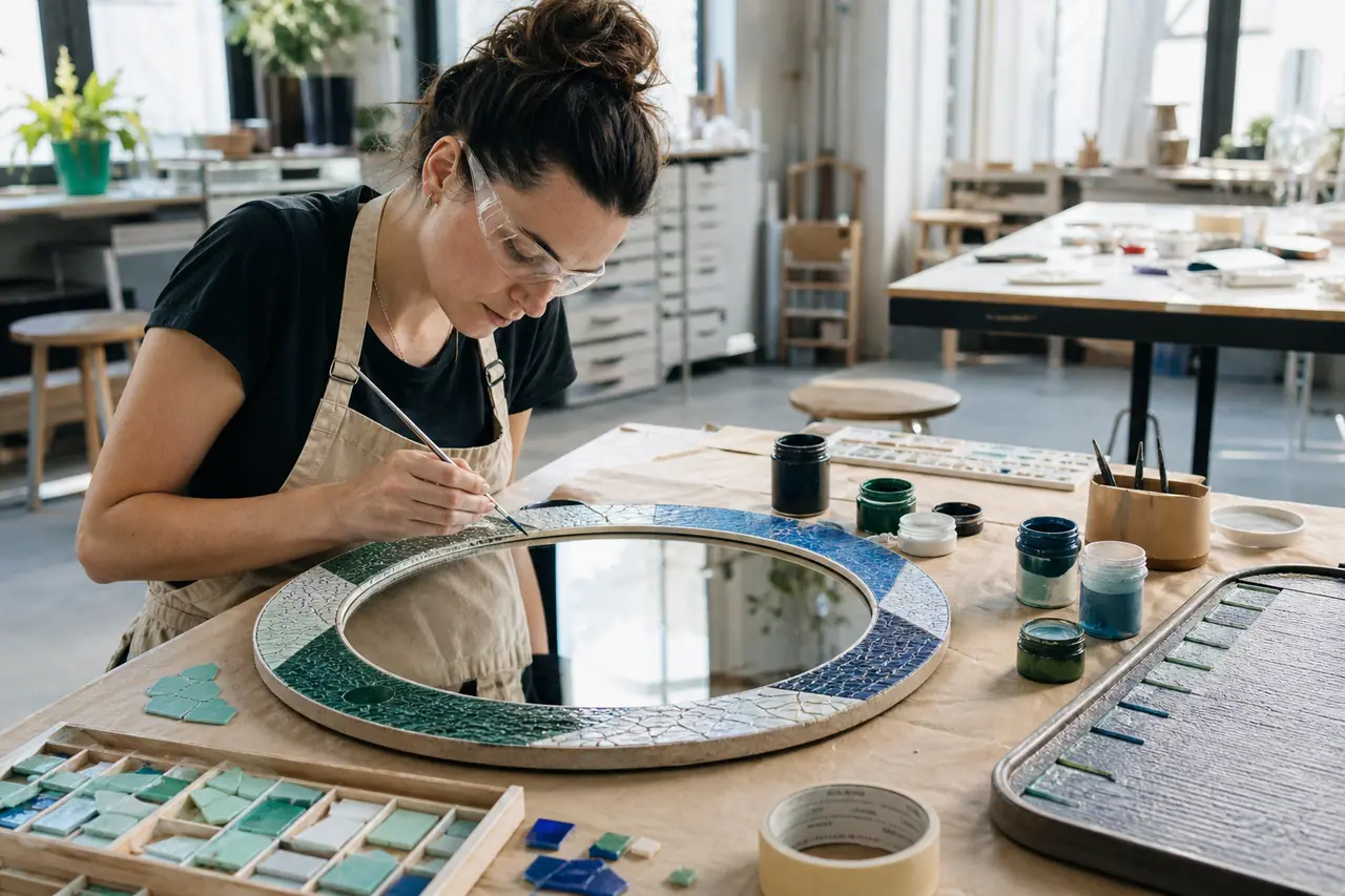 Création d’un miroir décoratif dans un atelier créatif lumineux à Montréal.