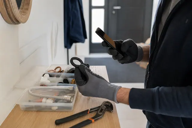 Bricoleur vérifiant un joint de plomberie avant de partir acheter du matériel.