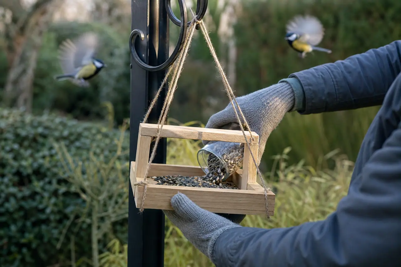 Mangeoire en bois remplie de graines sur poteau dans un jardin