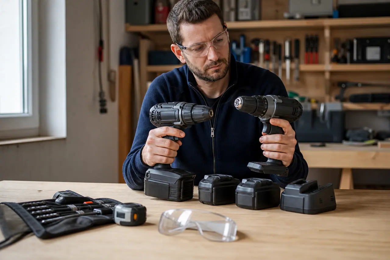 Bricoleur comparant deux perceuses sans fil et leurs batteries sur un établi.