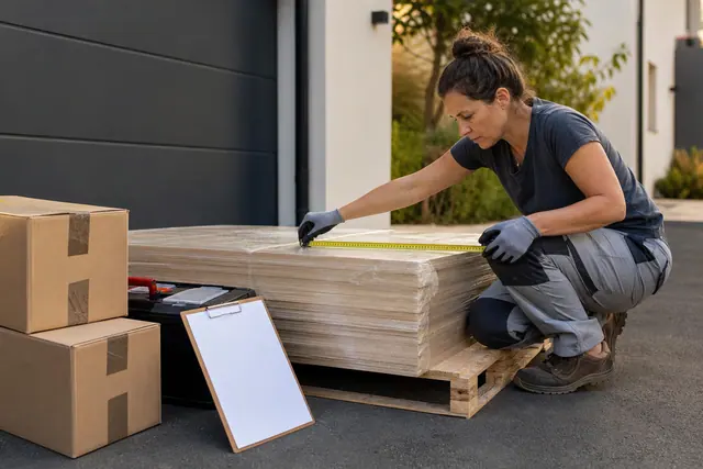 Particulier vérifiant des panneaux de bois livrés devant un garage dégagé.