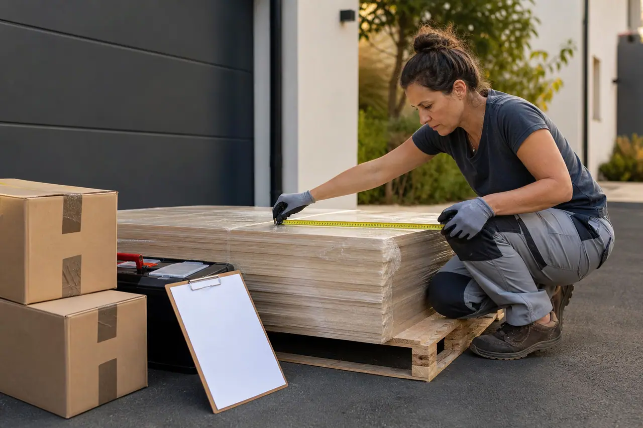 Particulier vérifiant des panneaux de bois livrés devant un garage dégagé.