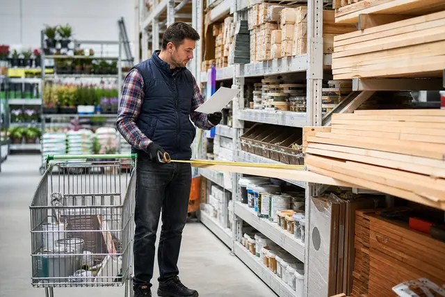 Client préparant ses achats devant des rayons de bricolage et jardinage.