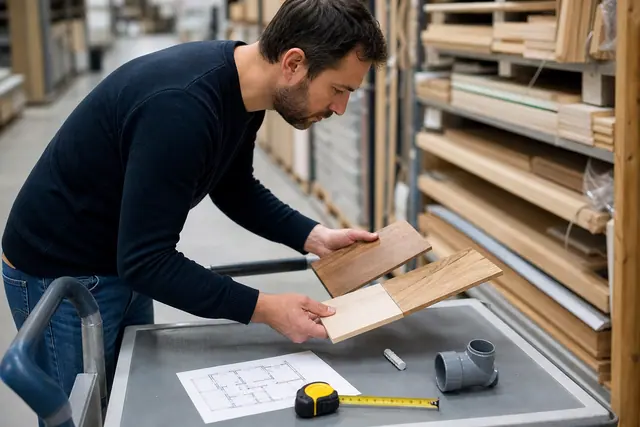 Particulier comparant des matériaux et mesures dans un magasin de bricolage.