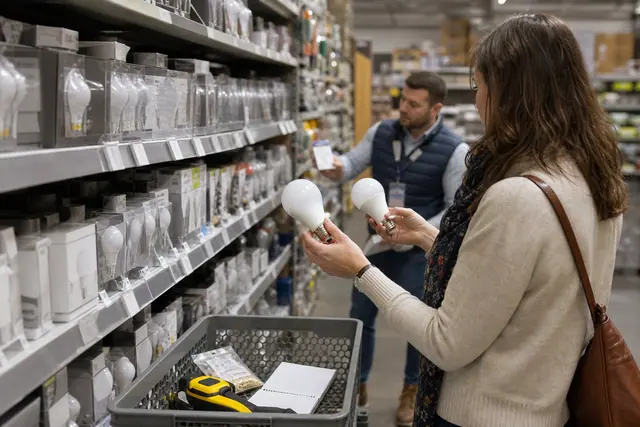 Cliente compare des ampoules LED avec un conseiller dans un magasin de bricolage.