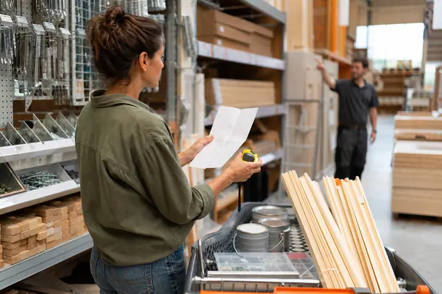 Cliente préparant ses achats de bricolage avec mesures et matériaux dans un magasin.