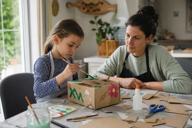 Enfant et adulte décorant une boîte de rangement en carton sur table protégée