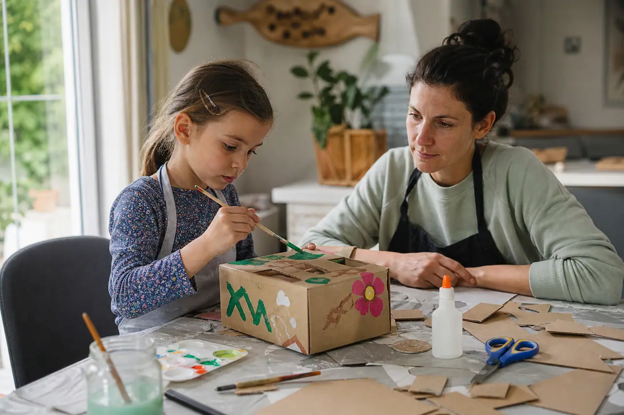 Enfant et adulte décorant une boîte de rangement en carton sur table protégée