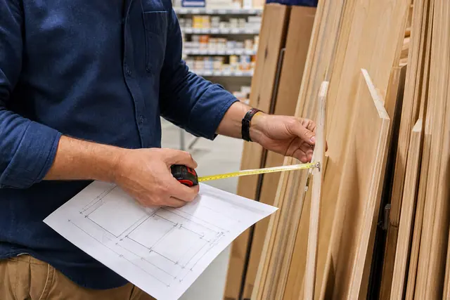 Client mesurant un panneau de bois dans un magasin de bricolage.