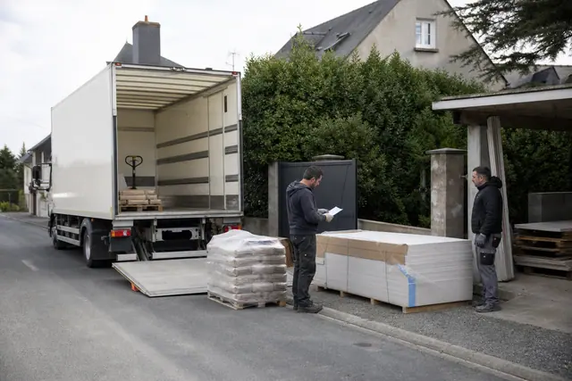 Réception sécurisée de matériaux de bricolage devant un portail ouvert près d’Angers.