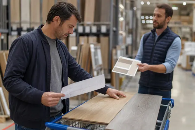Particulier comparant des échantillons de sol et un plan dans un magasin